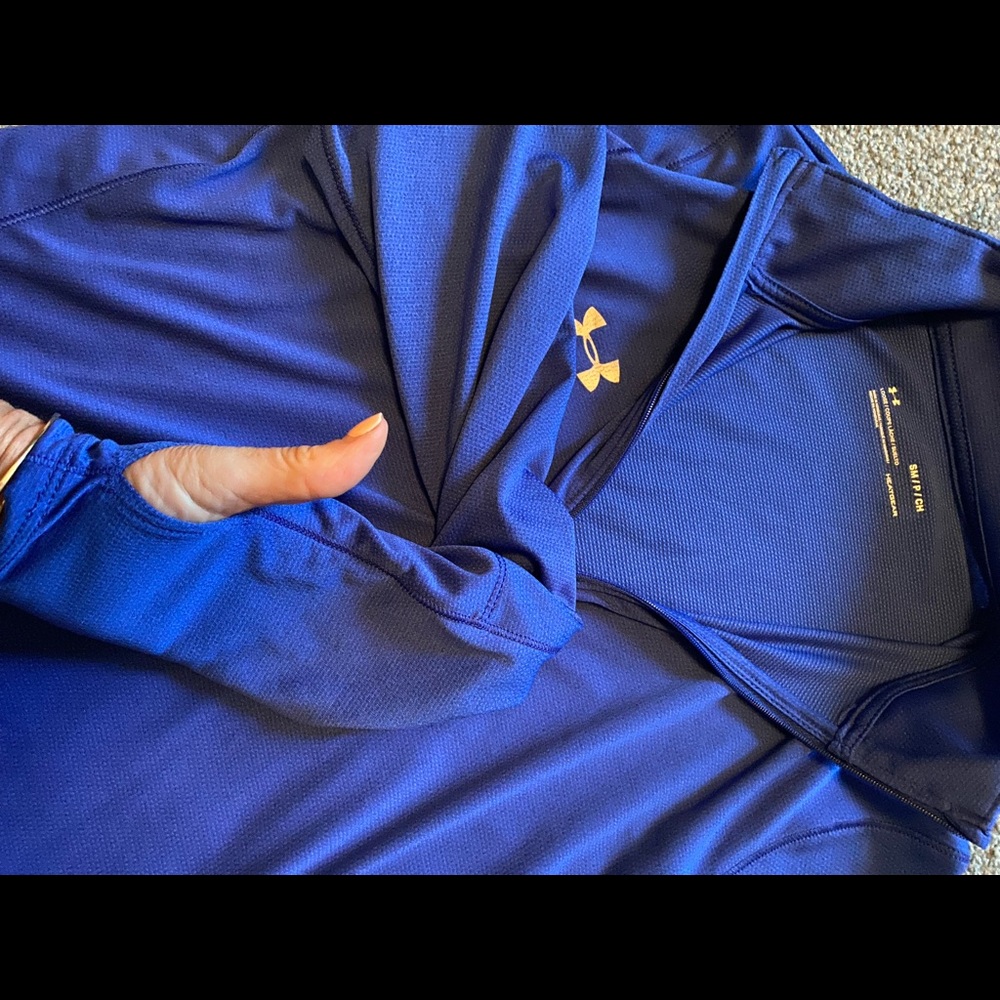 Under Armor Long Sleeve Half Zip Blue with Thumb Holes.